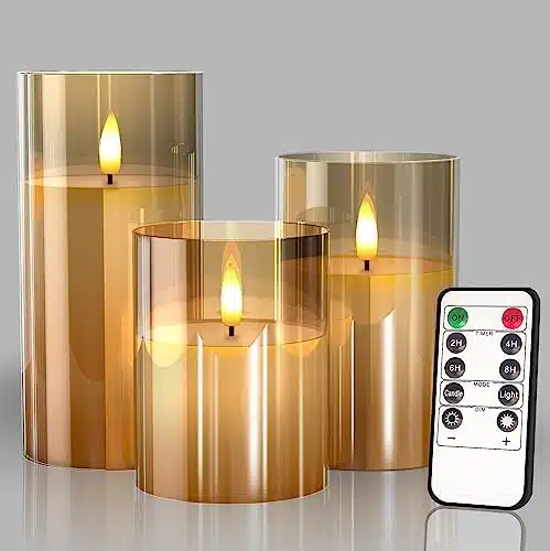 Glass Battery Operated LED Flameless Candles with Remote and Timer, Real Wax Candles Warm Color Flickering Light for Festival Wedding Home Party Decor(Pack of ) Gold