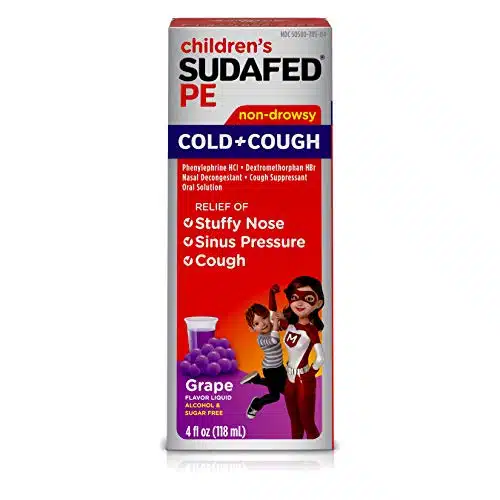 Sudafed Children's PE Cold + Cough Suppressant, Cold Medicine & Nasal Decongestant, Grape Flavor Liquid Cough Relief, fl. oz (Pack of )