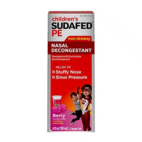 Sudafed Children's PE Nasal Decongestant, Liquid Cold Relief Medicine with Phenylephrine HCl, Alcohol Free and Sugar Free, Berry Flavored, fl. oz