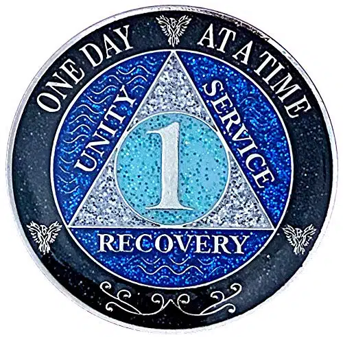 (Years ) Year AA Recovery Silver Color Plated Glitter Medallion, Black Rainbow, Blue, Silver Glitter Coin, Epoxy Covered (AA Year Glitter Medallion)